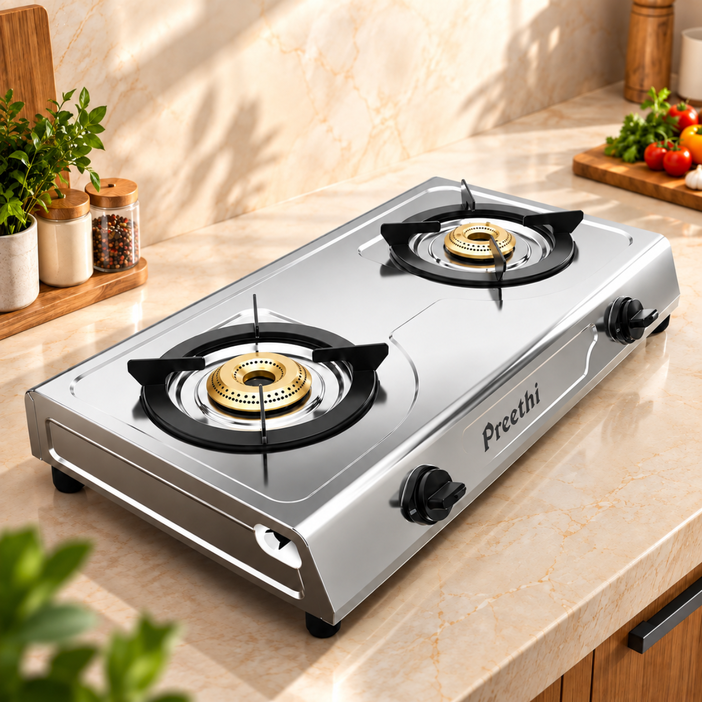 Preethi Glory 2 Burner Stainless Steel Gas Stove | Brass Burners | SSGS 012 - Image 2