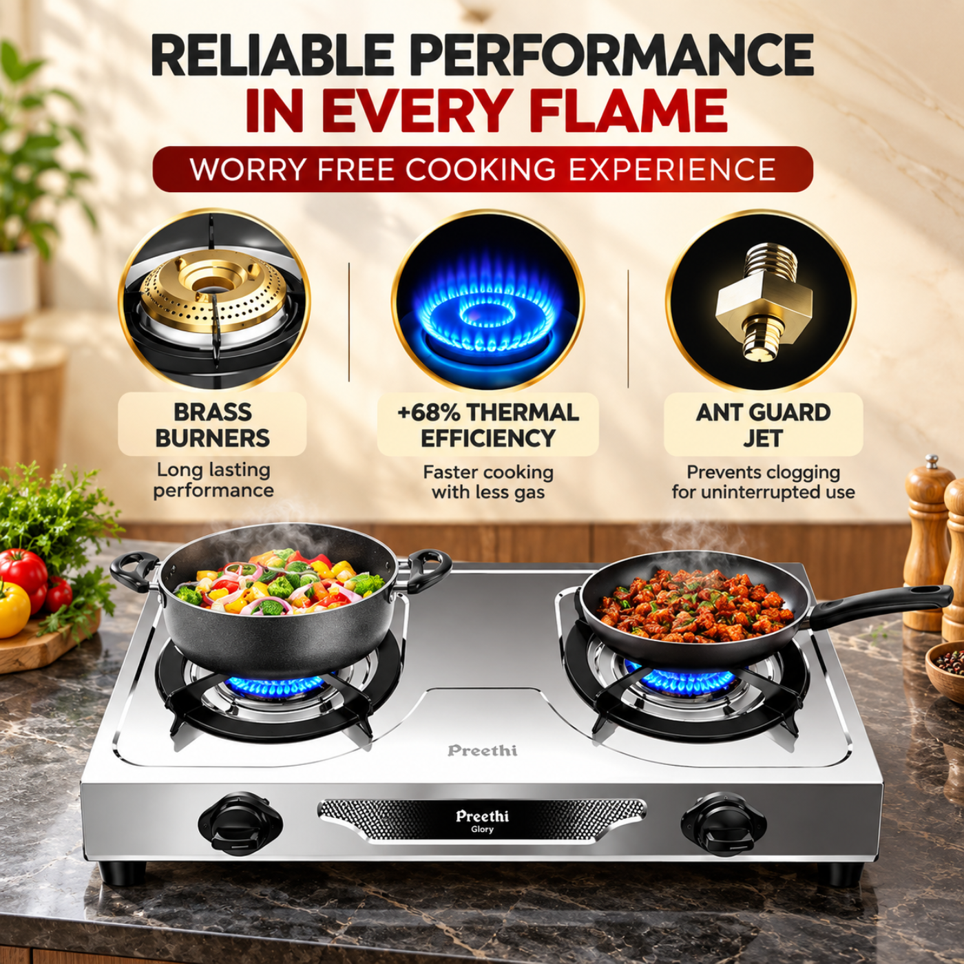 Preethi Glory 2 Burner Stainless Steel Gas Stove | Brass Burners | SSGS 012 - Image 3
