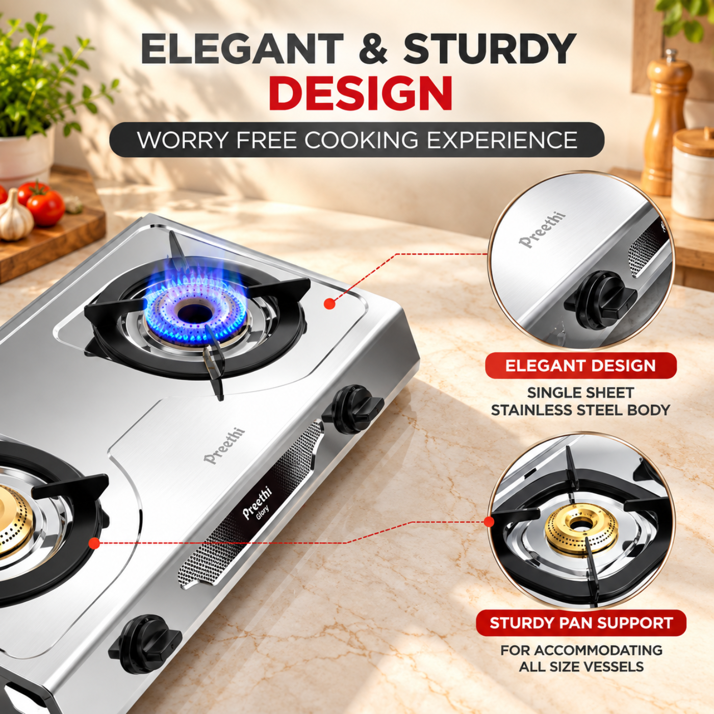 Preethi Glory 2 Burner Stainless Steel Gas Stove | Brass Burners | SSGS 012 - Image 4