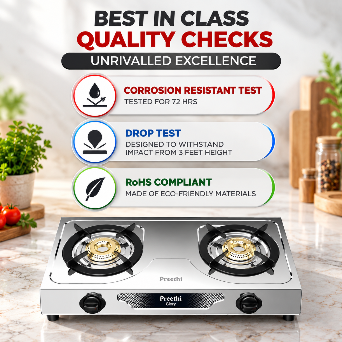 Preethi Glory 2 Burner Stainless Steel Gas Stove | Brass Burners | SSGS 012 - Image 5