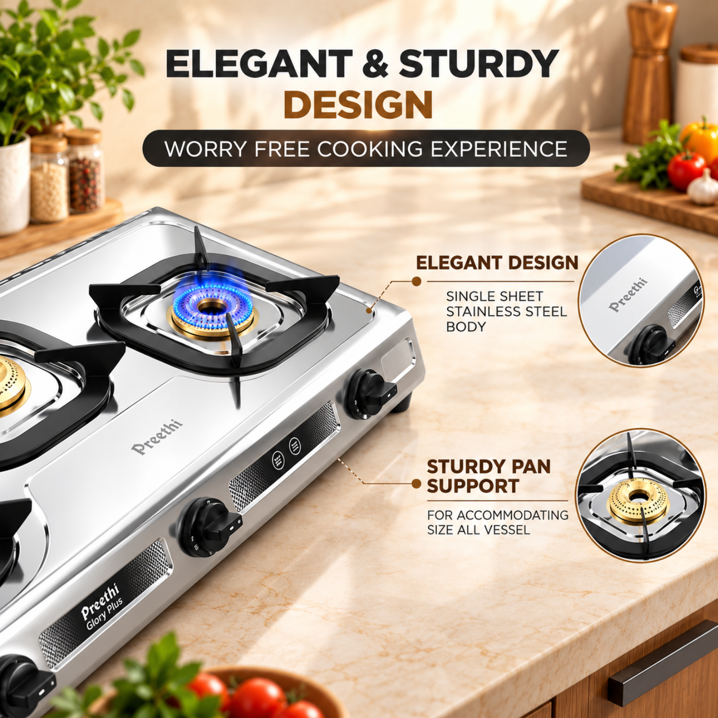 Preethi Glory Plus 3 Burner Stainless Steel Gas Stove | Brass Burners | SSGS 014 - Image 4