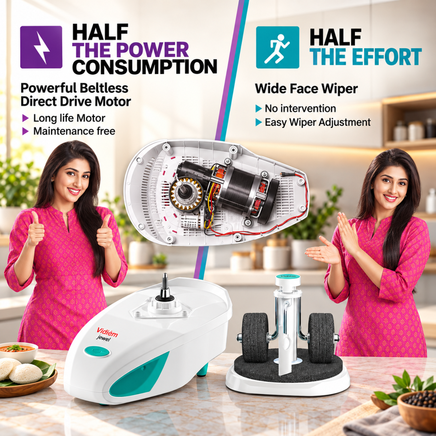 Vidiem JEWEL ST 2L Table Top Wet Grinder | 90W Direct Drive Motor - Image 4