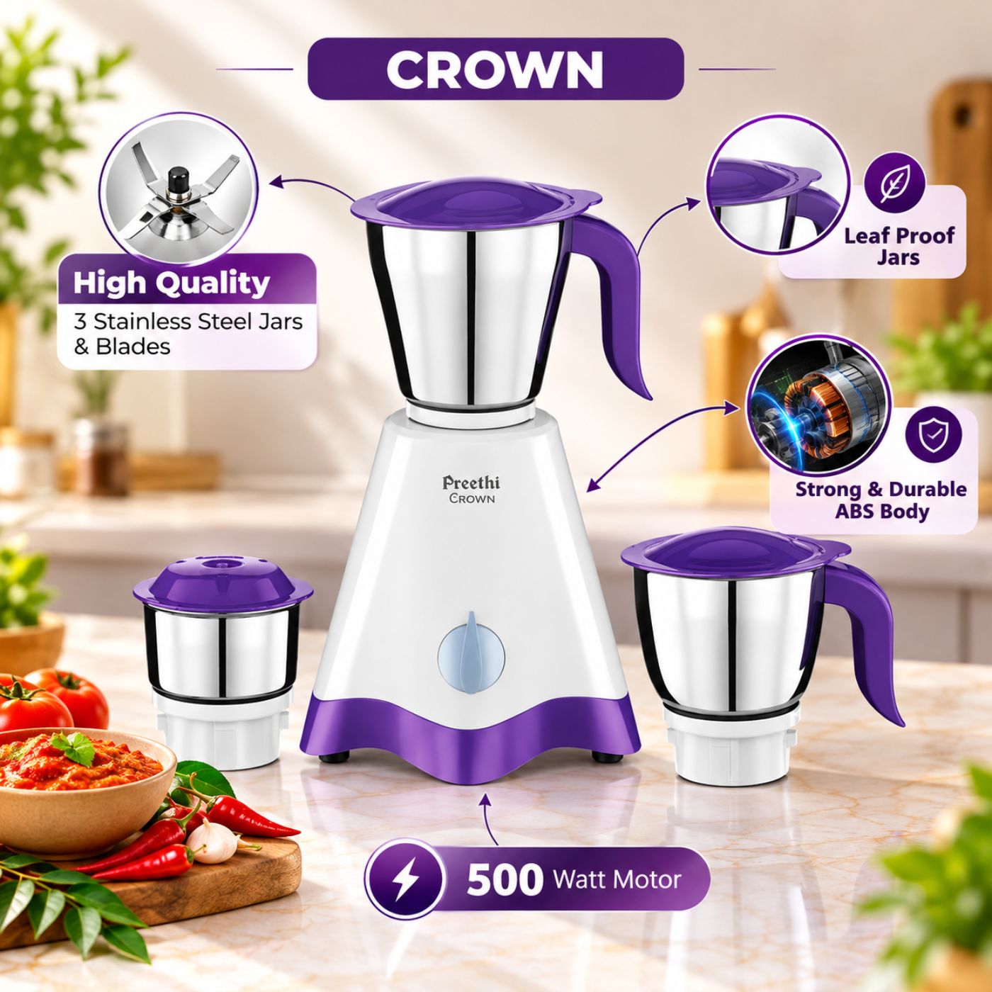Preethi Crown 500W Mixer Grinder with 3 Jars | MG 205 - Image 2