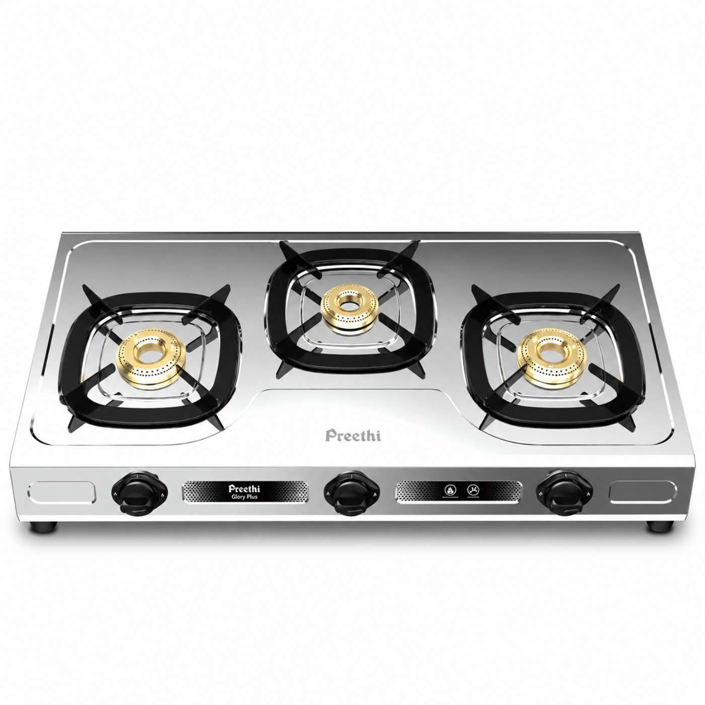 Preethi Glory Plus 3 Burner Stainless Steel Gas Stove | Brass Burners | SSGS 014