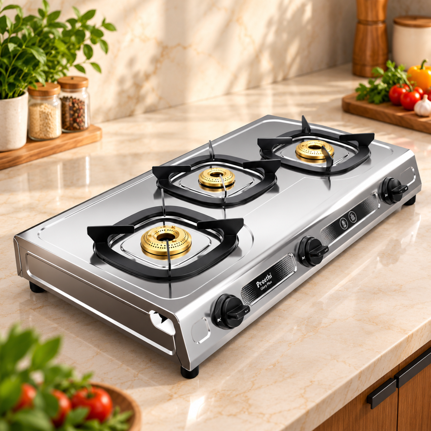 Preethi Glory Plus 3 Burner Stainless Steel Gas Stove | Brass Burners | SSGS 014 - Image 2