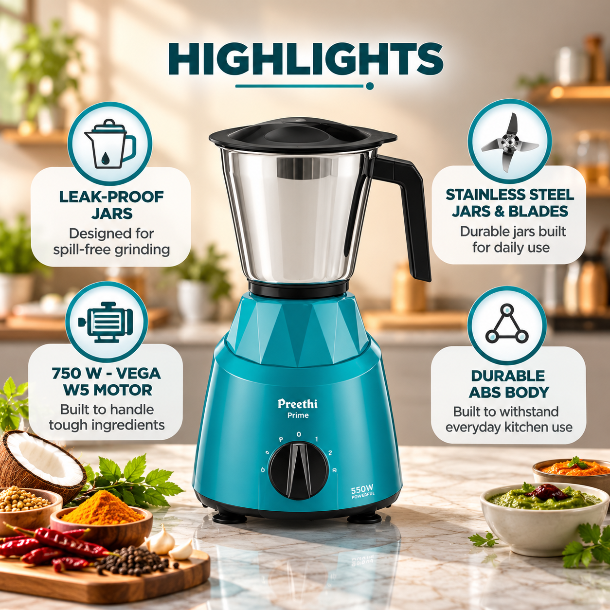 Preethi Prime 750W Mixer Grinder with 3 Jars | MG 286 | Green - Image 2