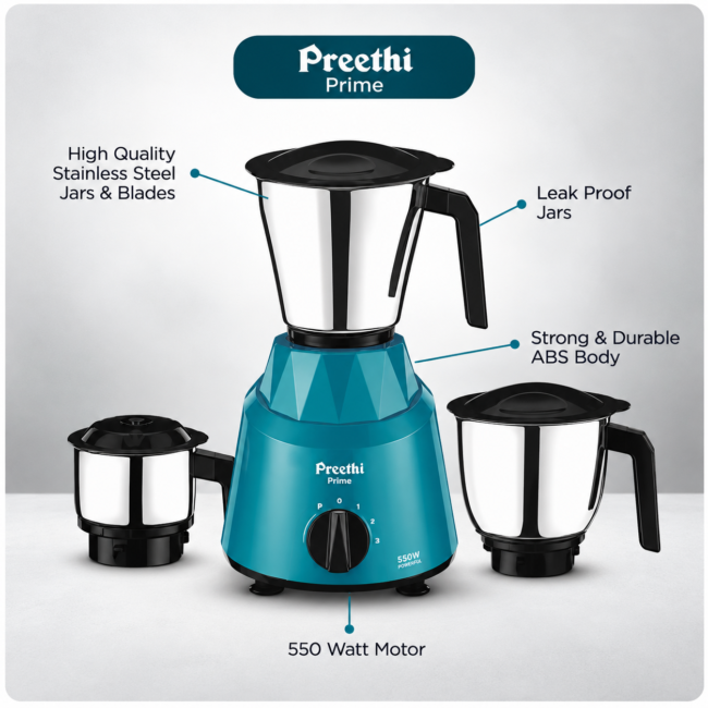 Preethi Prime 750W Mixer Grinder with 3 Jars | MG 286 | Green
