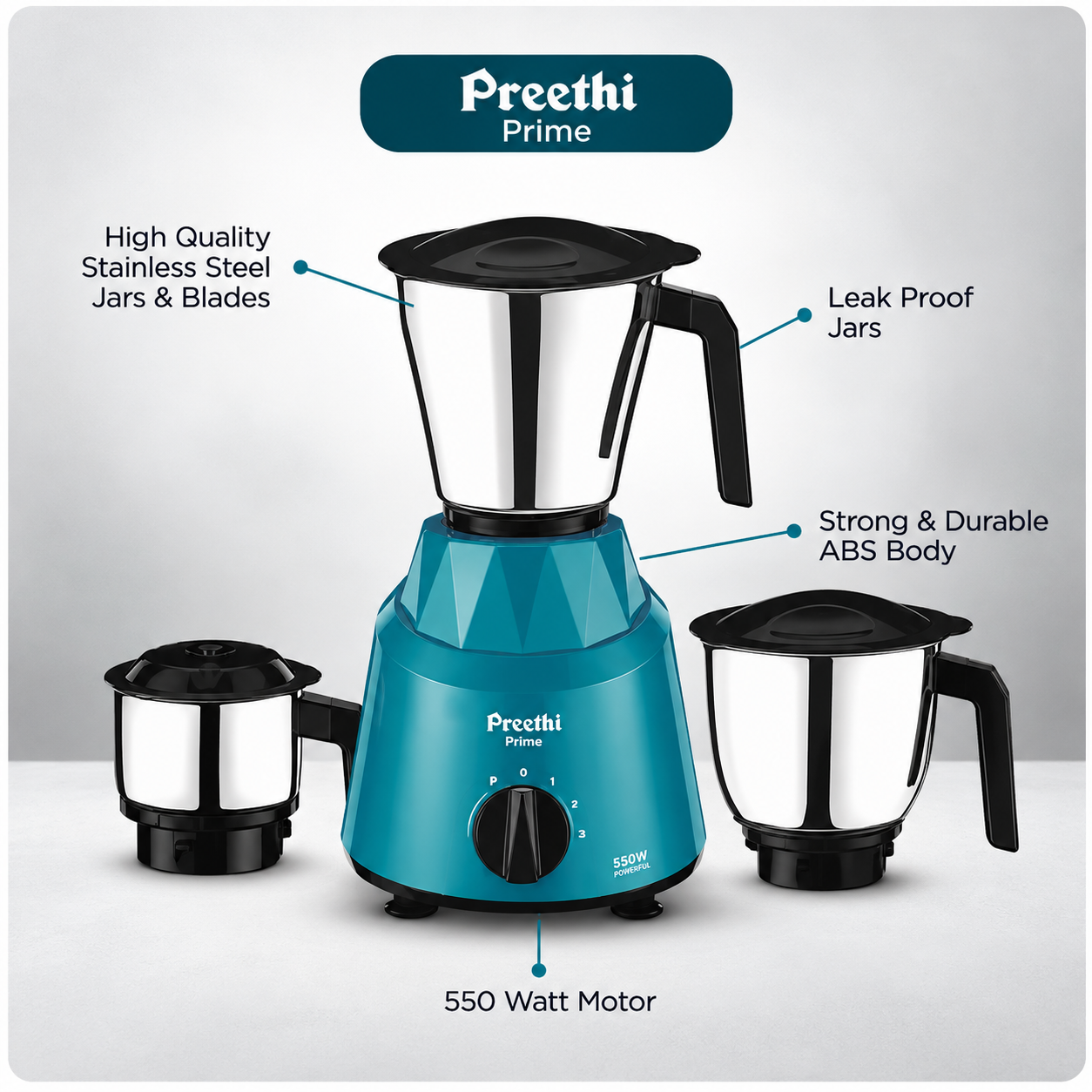 Preethi Prime 750W Mixer Grinder with 3 Jars | MG 286 | Green
