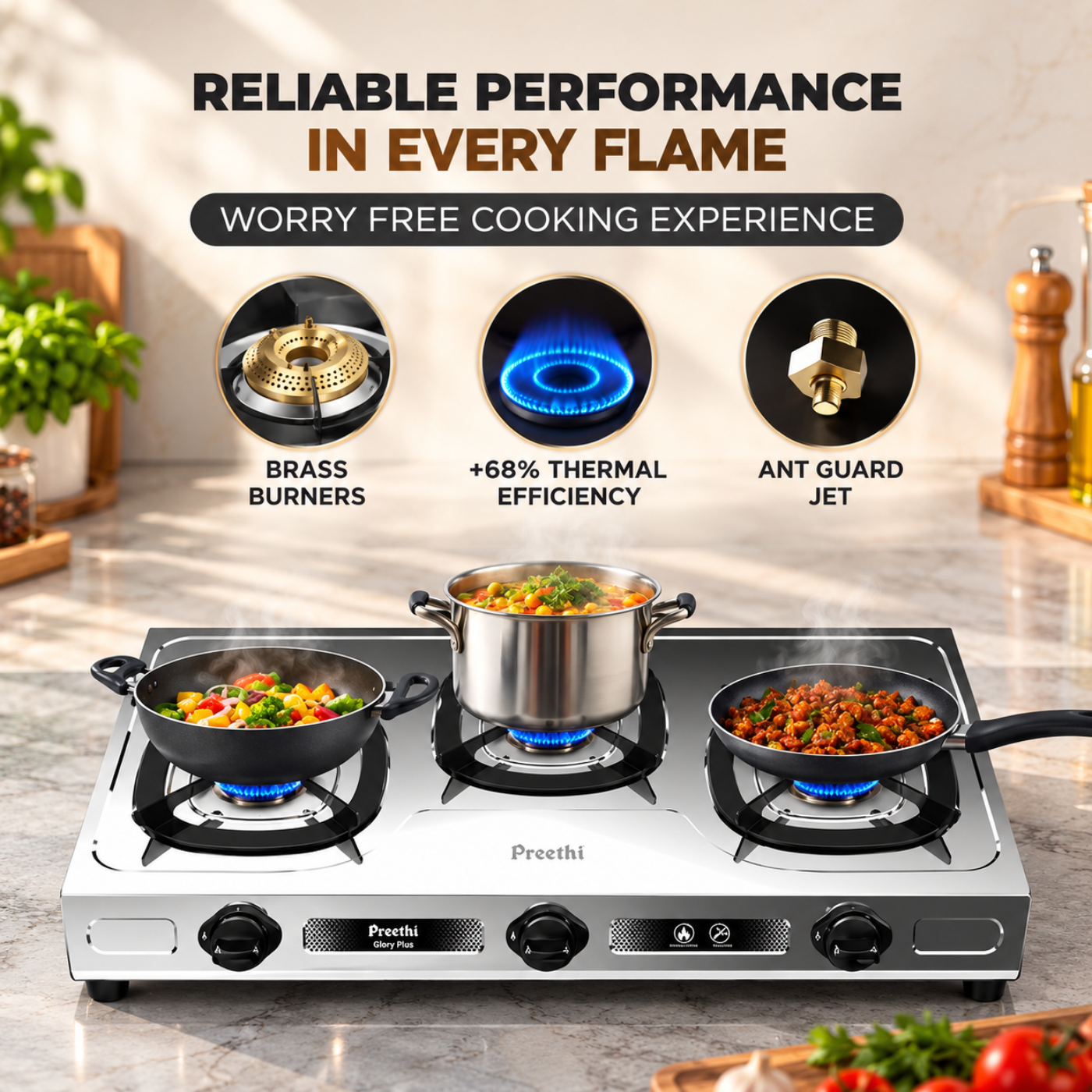 Preethi Glory Plus 3 Burner Stainless Steel Gas Stove | Brass Burners | SSGS 014 - Image 3