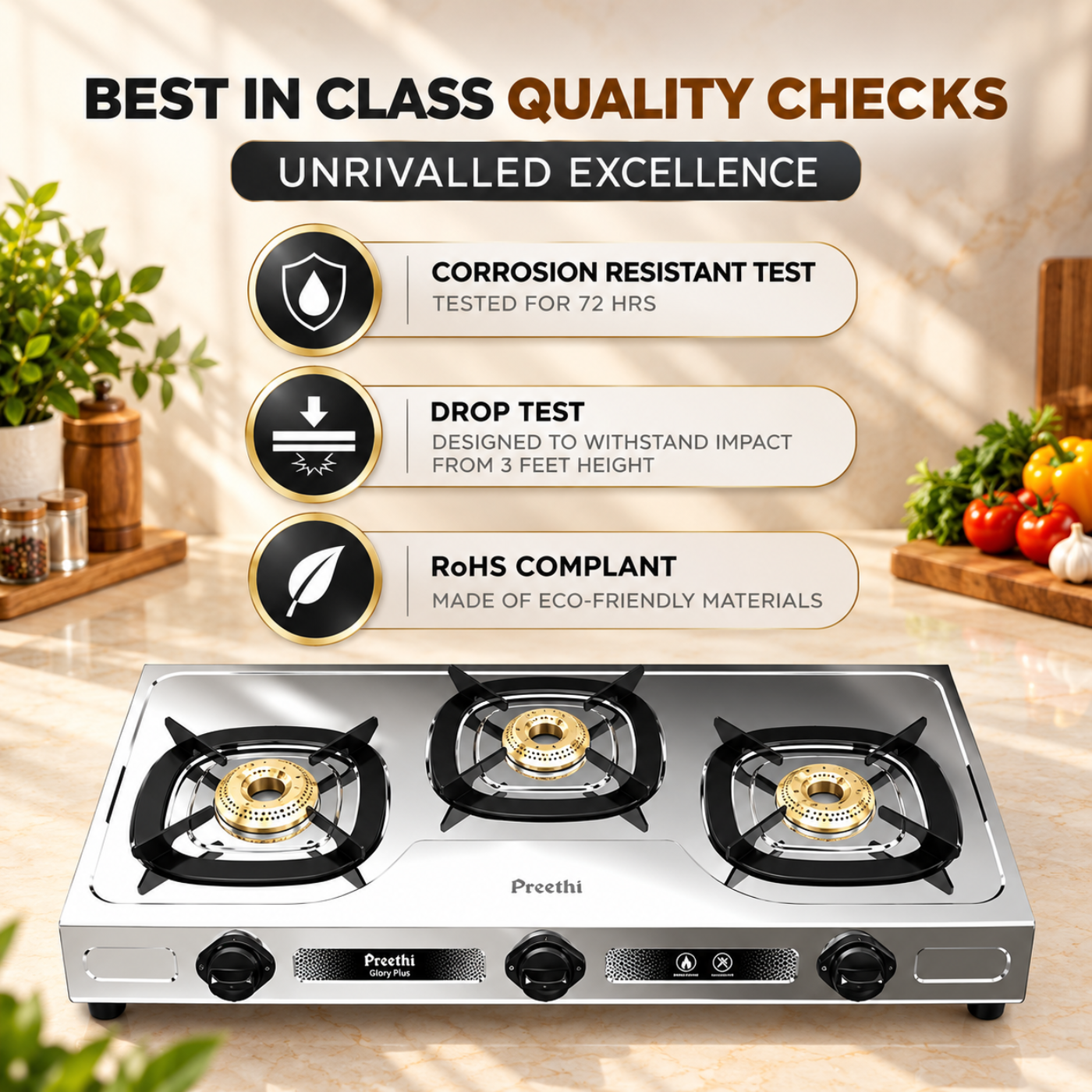 Preethi Glory Plus 3 Burner Stainless Steel Gas Stove | Brass Burners | SSGS 014 - Image 5