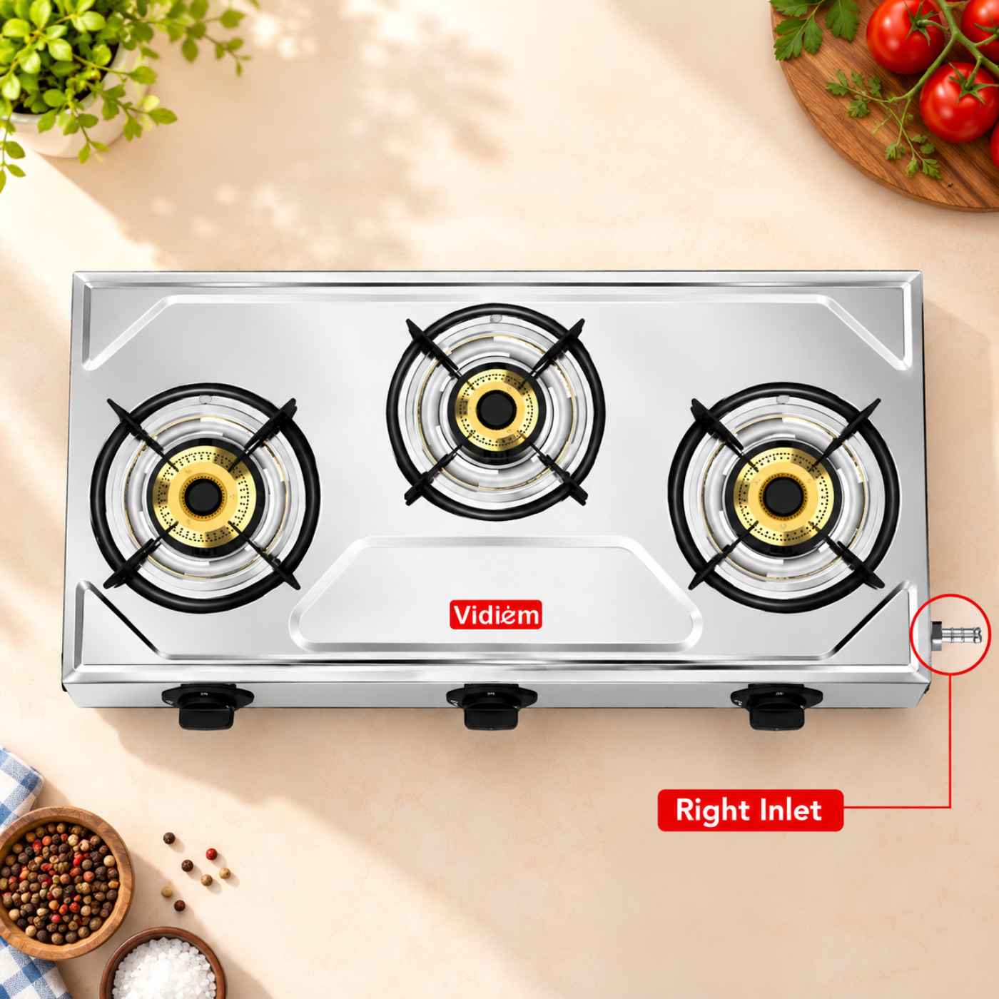 Vidiem Victor 3 Burner Stainless Steel Gas Stove | Brass Burners | GS S3 250 A - Image 3