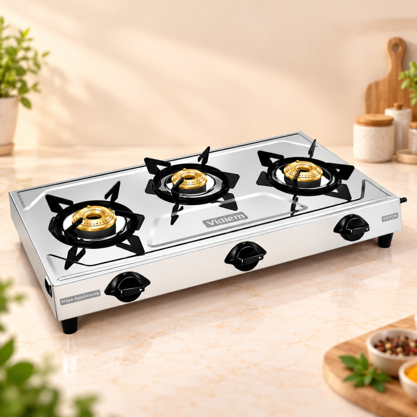 Vidiem Victor 3 Burner Stainless Steel Gas Stove | Brass Burners | GS S3 250 A - Image 2