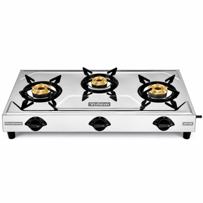Vidiem Victor 3 Burner Stainless Steel Gas Stove | Brass Burners | GS S3 250 A
